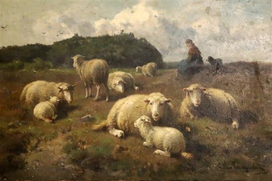 Cornelius Van Leemputten (1841-1902) Shepherdess and sheep in pasture 9.5 x 14in., unframed